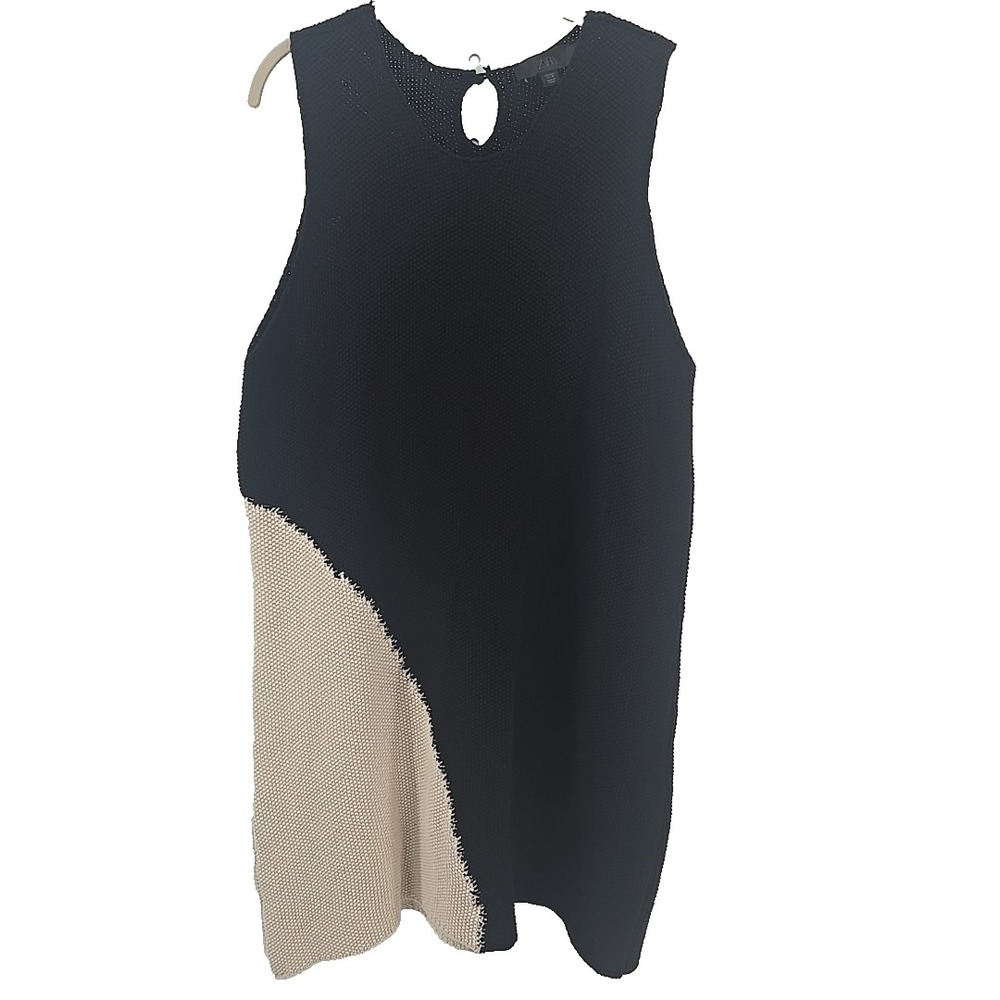 ZARA LARGE L Dress Black Cream Color Block Heavy Knit Sleeveless A-Line